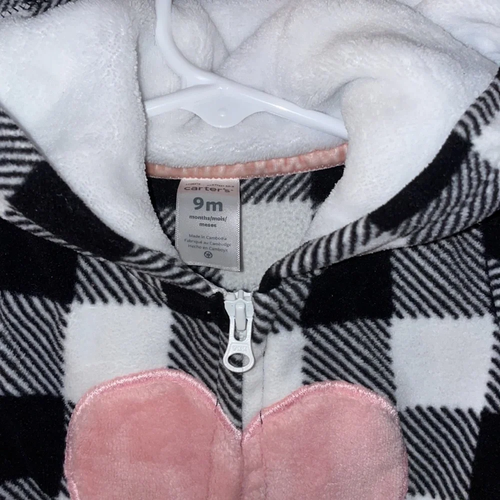 Carter’s nine month checkered, black and white with pink heart fleece onesie